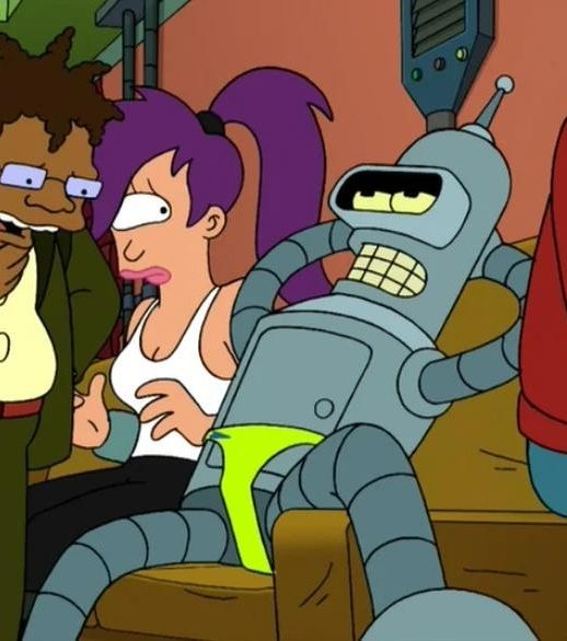 Bender from Futurama, a fog hat grey robot wearing a bright green speedo