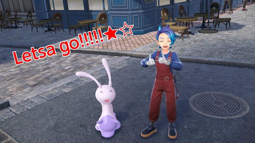 A pictures of a pokemon trainer in red overalls and a blue shirt with white gloves standing next to Sliggoo, a pink slug dragon pokemon. Red text on the pic reads "Letsa go!!! ☆☆"