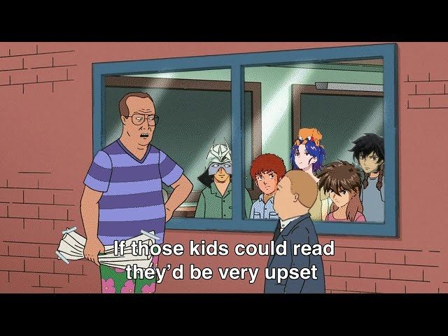 A screenshot from King of the Hill
A man in a striped purple shirt telling a boy standing outside a classroom window "if those kids could read they'd be very upset"

Inside the class are 5 students. They are edited to have 5 gundam pilots heads on, frpm left to eoght Char, Amaro, Shuji, Heero, Setsuna F. Seiei