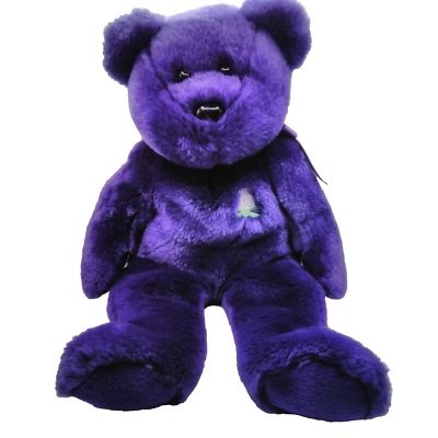 Princess the bear, a luxuriously purple bear with a white rose embroidered on the right side of the chest.
