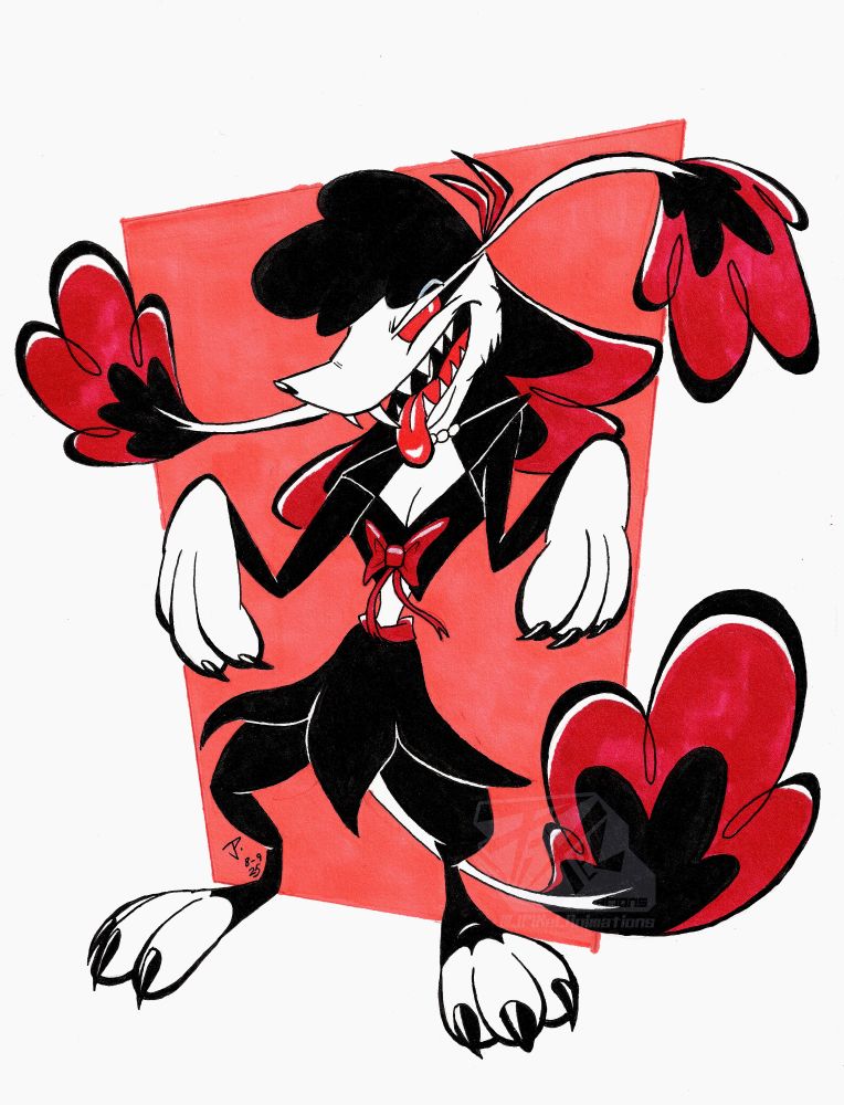 A vampiric anthropomorphic poodle posing with a mischievous, gaping smile with her tongue swinging out.