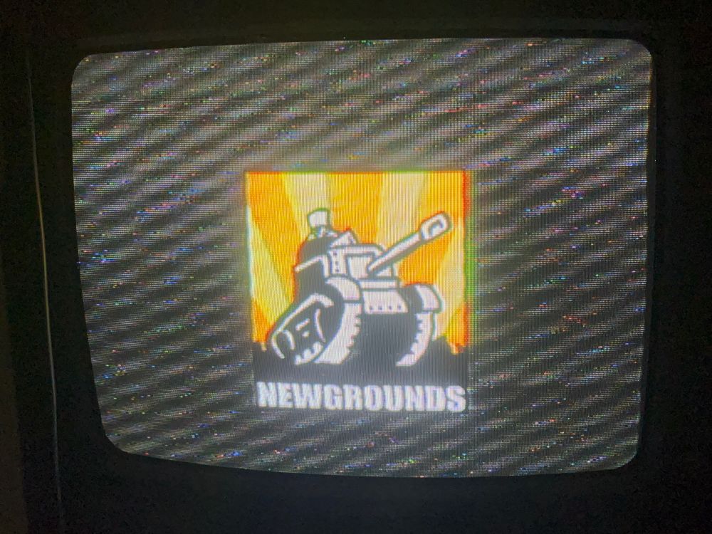 Newgrounds logo, with an FBI agent in place of the tankman.
The video signal's kind of warped, so it's making a wavey distorted pattern.