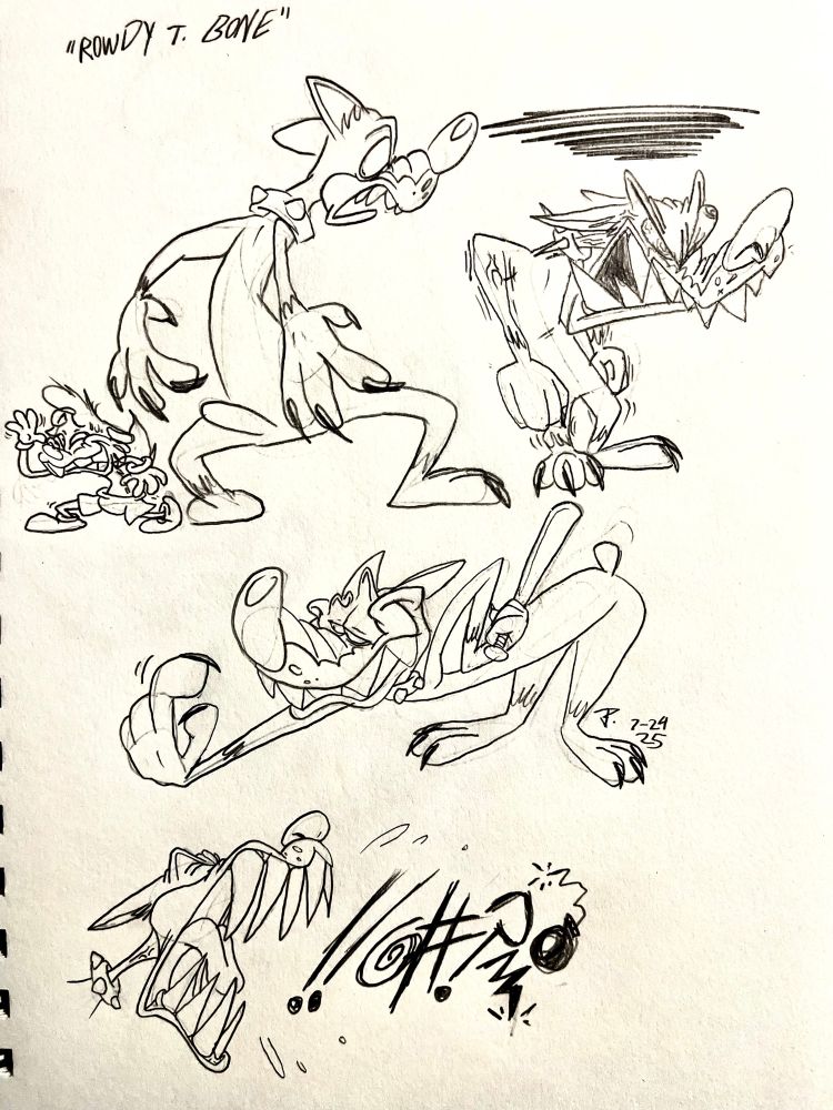 Various sketches of Rowdy T. Bone, an aggressive Doberman. He's basically what Tom is to Jerry, as Nutty is to him.

Top left: Nutty the Squirrel is caught sneaking past Rowdy, who looks at him, angry. Nutty nervously waves at him, bracing himself for immediate pain.
Top right: Rowdy is enraged, grinding his sharp, pointy teeth, possibly foiled by Nutty.
Middle: Rowdy, curling his finger towards himself with a bat behind his back, and a twisted grin, giving false assurance to Nutty with intentions of whacking him on the head with the baseball bat.
Bottom: Rowdy yells a very naughty word out of anguish.
