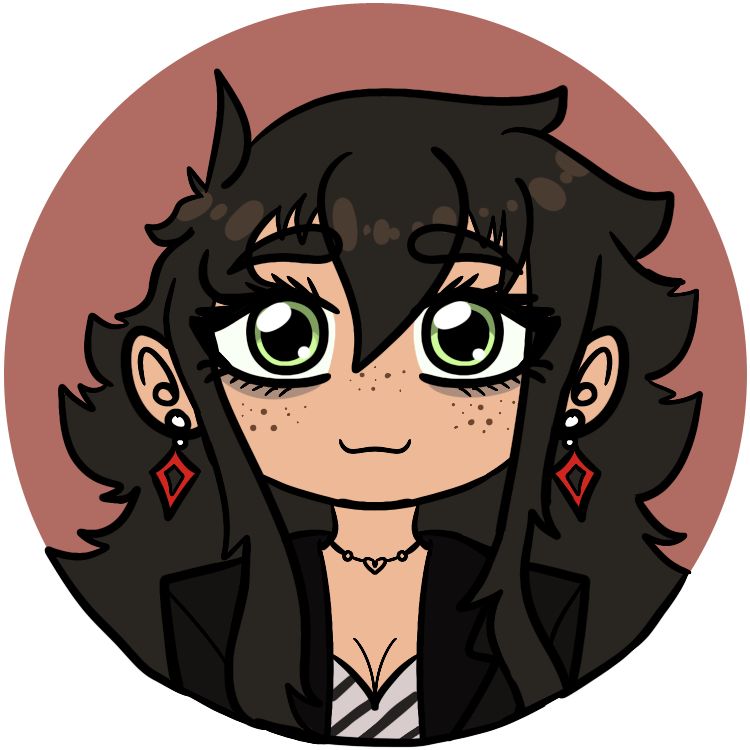 My oc Celeste in her stranger things au as a circle button icon- black jacket with shoulder pads and a white and black striped heart lined shirt with red dangle earrings. She’s got green eyes and eyebags with freckles and a OwO face