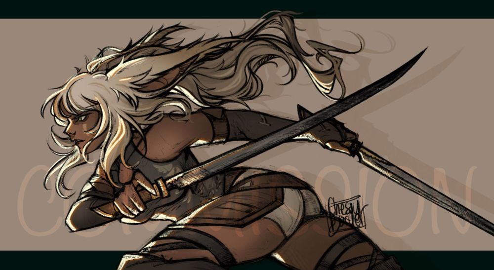 Illustration of a viera/bunny girl from FFXIV in action. She's dashing forward towards something off screen dual wielding swords and ready to fight. 