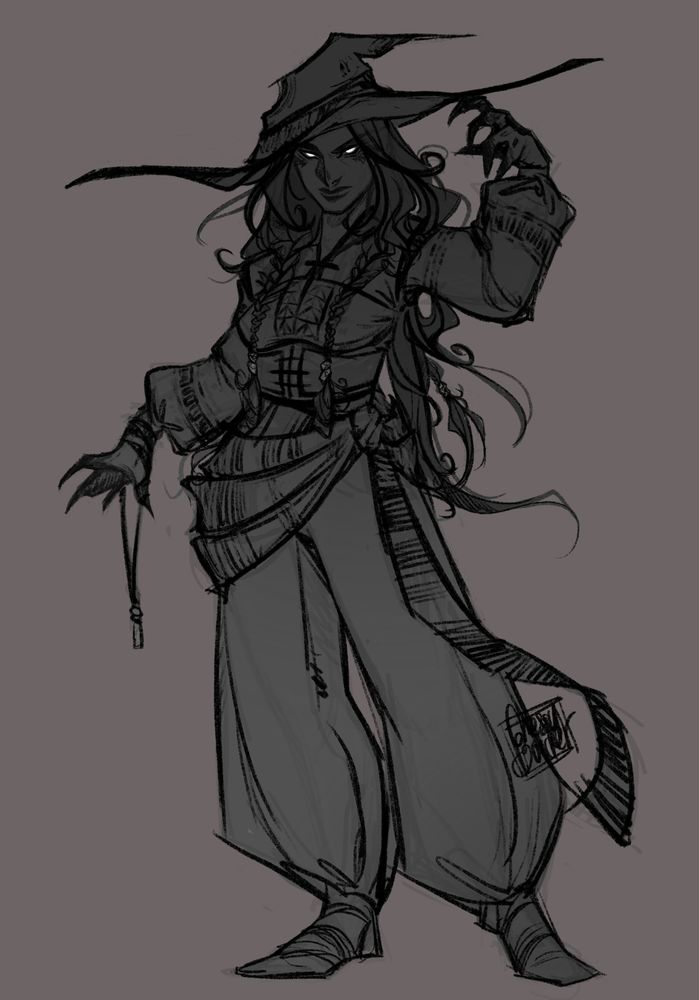 A sketch of a witch-like woman dressed in slavic inspired clothing with a lot of loosefitting and flowy fabric. She has an intense look on her face and her eyes are glowing white. Her hands are poised as if ready to cast a spell. 
