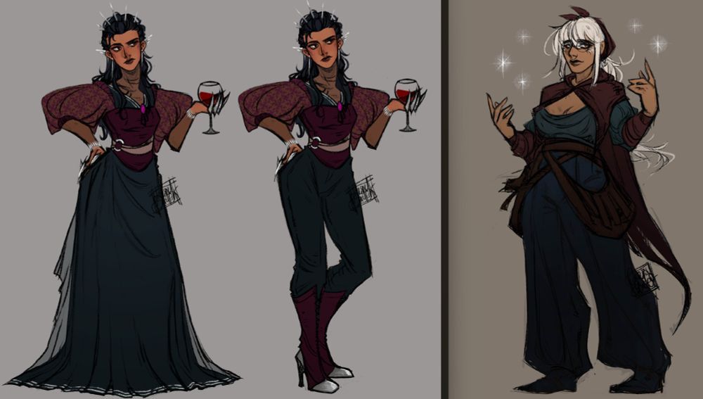 A drawing of a woman holding a wine glass and looking irritated at something. There are two versions of her, one in a dress and the other wearing pants. The outfit consists of a top with puffy sleeves, a seperate bodice, a sheer thin top worn under the outfit, and a sheer overskirt. The jewelry she wears are all very sharp looking with silver metal claws/nail guards on her fingers. A sketch of a woman in comfortable baggy clothing with little sparkles around her. She's carrying two large bags around her waist. She's got a soft smile on her face and has a gentle expression. 