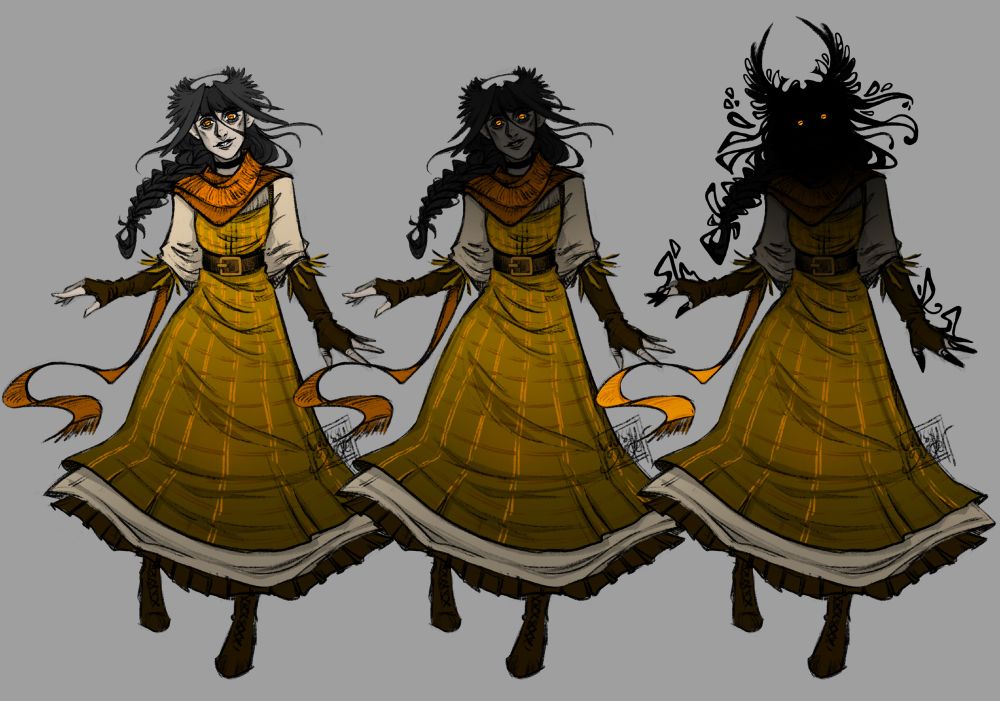 A reference art of the Matron of Tales, a Warlock Patron who pacts with artists and storytellers of all forms. She has a pallid skin tone, deep sunken bright orange eyes, and dark black hair tied in a braid. She wears a long orange scarf, a while dress with a light orange-yellow  overdress. On her head is a pair of wings that act as her familiar.  The piece shows her transition from her friendlier appearance to her shadowy patron appearance. Her shadowy god-like form shows only her eyes among a mass of feathery inky shadows where he head used to be. 