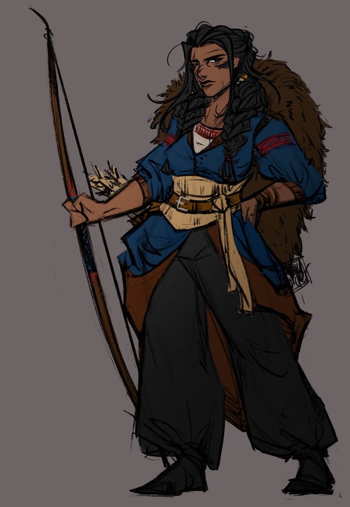 A woman dressed ready to go hunting. She has her bow and arrows ready. She has her hair in large chunky thick twin braids. The right side of her face is scarred from a serious attack. She has on a blue coat and a fur cloak on her back