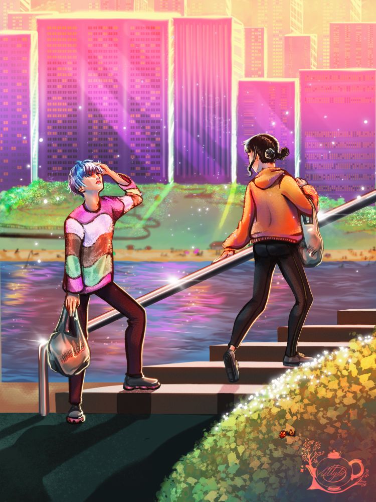 Baby and Zoey going up outside stairs, cityscape and water behind them.