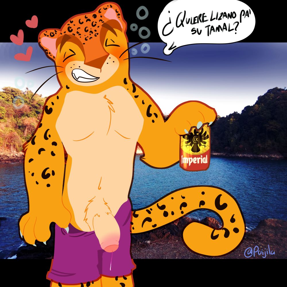 Drawing of Namú, the mascot of the 2013 Central American Games holding a can of beer while lowering his pants showing his penis dripping precum. He has a smile while blushing. Has drunk bubbles and hearts around his face. All while posing in front of a picture of a beach.