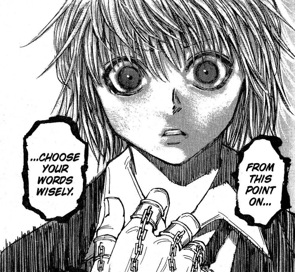 A Hunter x Hunter manga panel showing a hyper detailed jumpscare of Kurapika with murderous intent 