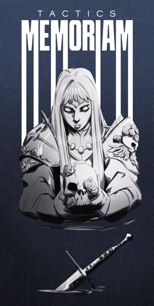 The cover for Juli's TTRPG TACTICS MEMORIAM
An androgynous person stands waist deep in dark liquid--perhaps water, perhaps tar, perhaps something else.
They are drawn in monochrome, stark white against the background. They wear a baggy combat outfit with large shoulder pauldrons adorned in skulls and flowers.
They somberly hold a skull with a flower in its eye socket.
Their sword lays ahead of them partially drowned in the liquid.
The lettering for TACTICS MEMORIAM drips over them isometrically like water or a cage.