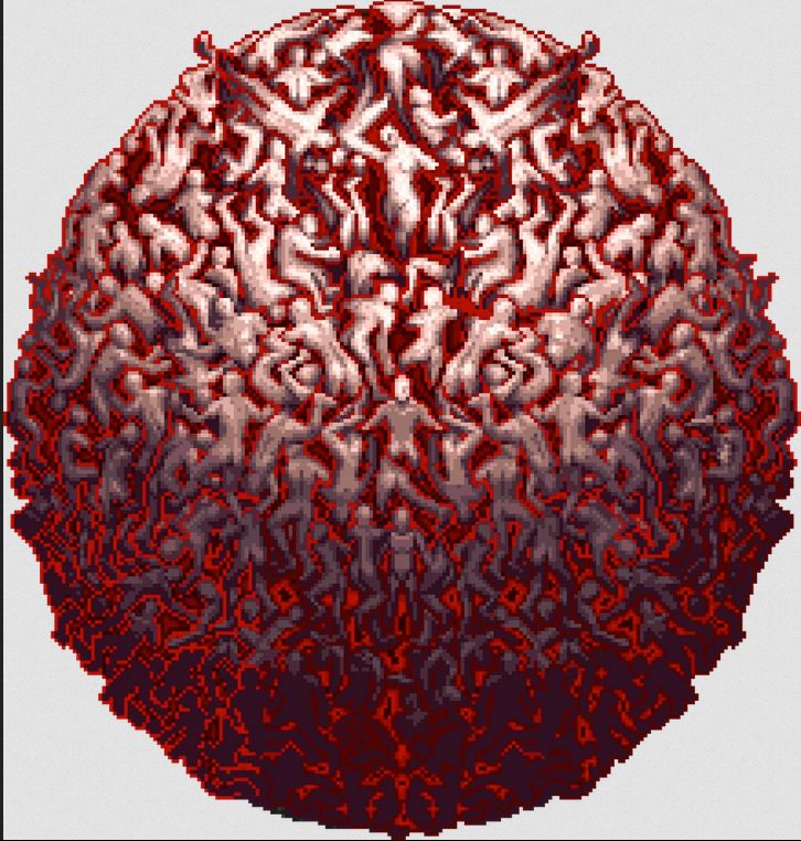 A pixelated ball of bodies with an angry red glow between them; a boss from the videogame Castlevania: Symphony of the Night.
