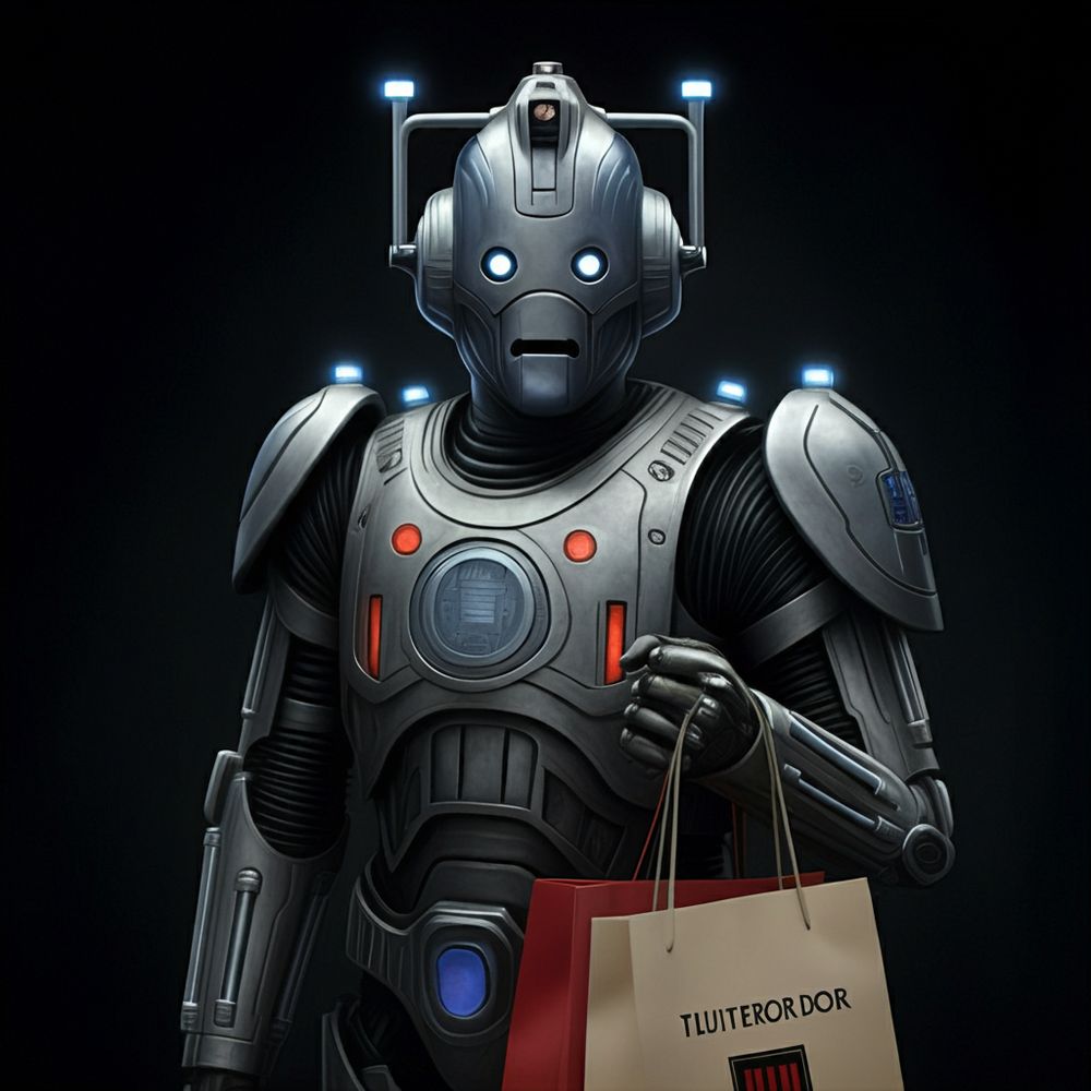 A cyberman holding a brown shopping bag with its left hand
