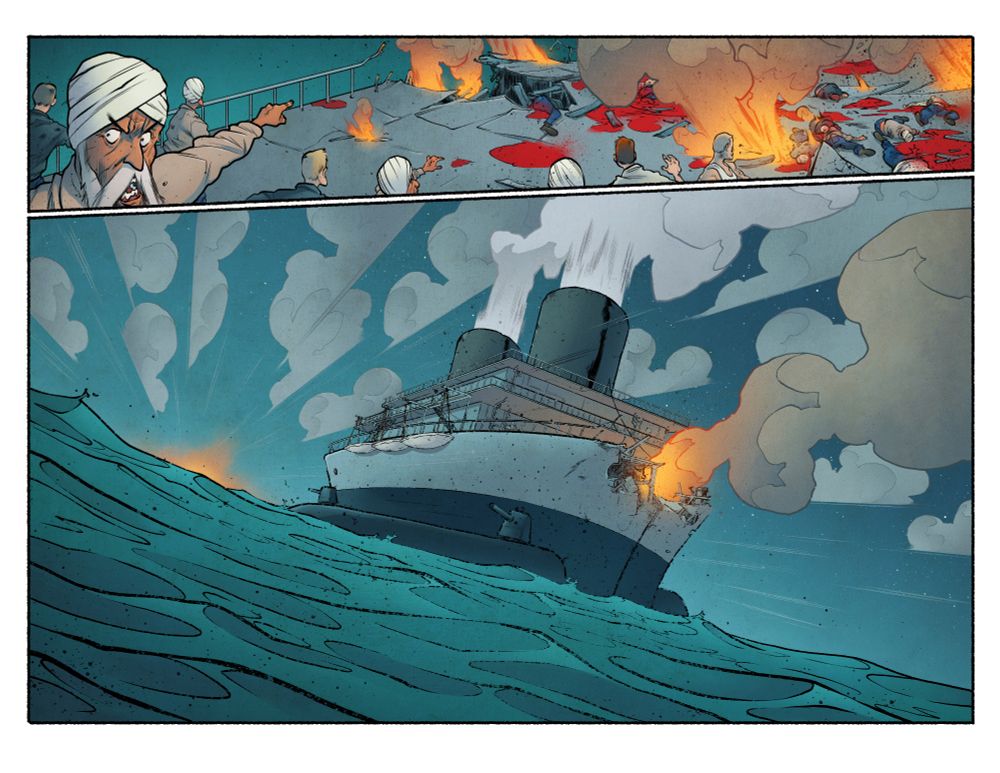 A double page spread showing the HMS Lightning Warrior on fire, as Captain Bava, it's commanding officer barks orders. 