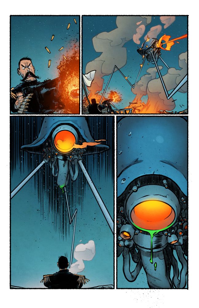 A page comprising 4 panels, panel one has Major Makepeace firing a heavy repeater gun from the prow of the HMS Thunder Child are a mArtian off panel. Panel 2 shows that Tripod firing and also being hit by bullets. Panel 3 shows it noticing the major and Panel 4 shows it bearing down on his position. 