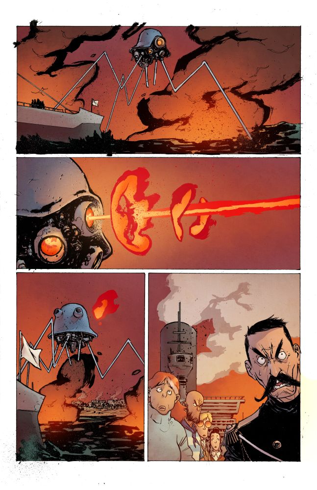 A 4 panel page, with panel 1 showing a MArtian Tripod striding along the waters as the Thunder CHild is coming into view. Panel 2 shows the awesome power of the Martians Heatray being fired. Panel 3 shows it walking away from the Thunder Child, oblivious of it's position and Panel 4 shows the crew of the Thunder Child in utter shock. 
