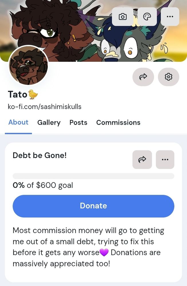 my ko-fi page, showing a goal to reach $600 dollars to get me out of debt. the counter is currently at zero.
