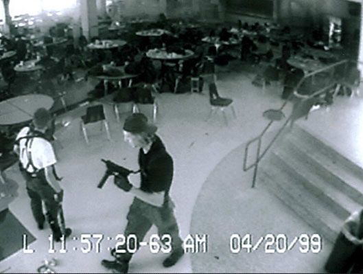 The security camera footage of the Columbine High School mass shooters, Eric Harris (left) and Dylan Klebold (right).
