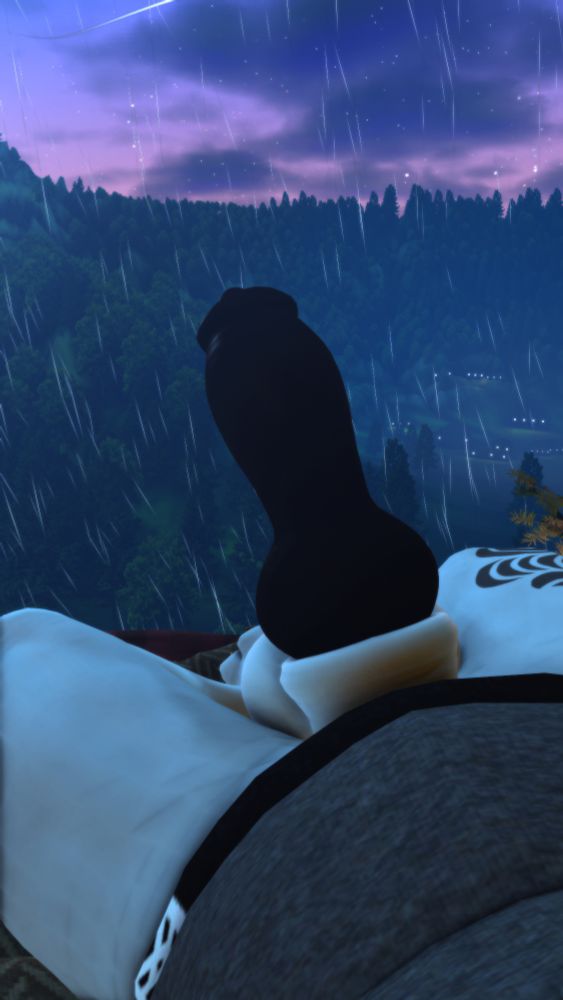 A POV shot of Aruni's shaft, contrasted against a starry sky and vast, rainy forest.