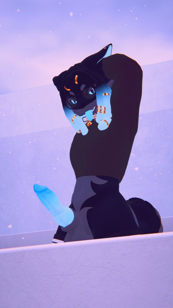 A novabeast stands on a white building, the camera over it's balcony. Their legs are obscured behind a white rock wall, but it's not enough to cover their bright blue, knotted length. They look at the camera, tongue out, silly.