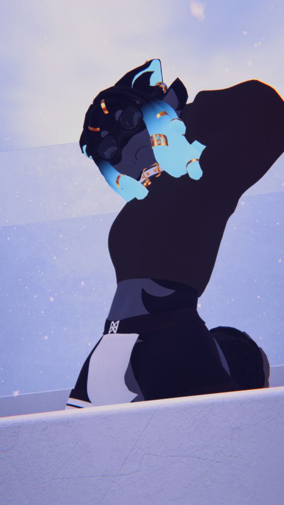 A Black Novabeast with Blue accents stands outside, half-turned to the camera. The jockstrap they wear outlined by the body, stopping the bulge from being lost in the white backdrop. They have their eye closed, a arm behind their head, chilling, no pun intended.