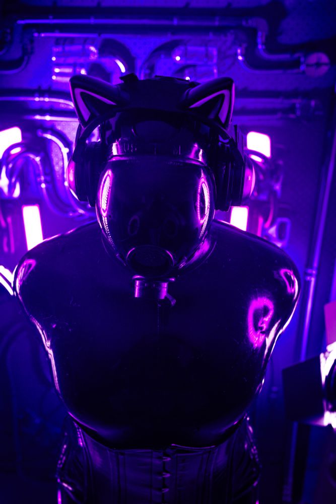 A latex coated entity kneels before you, its face is covered by a MSA Gasmask with a tinted visor that completely obscures its face. Behind it is a series of lights and pipes the is reminiscent of HR Giger art work and the movie ‘Alien’