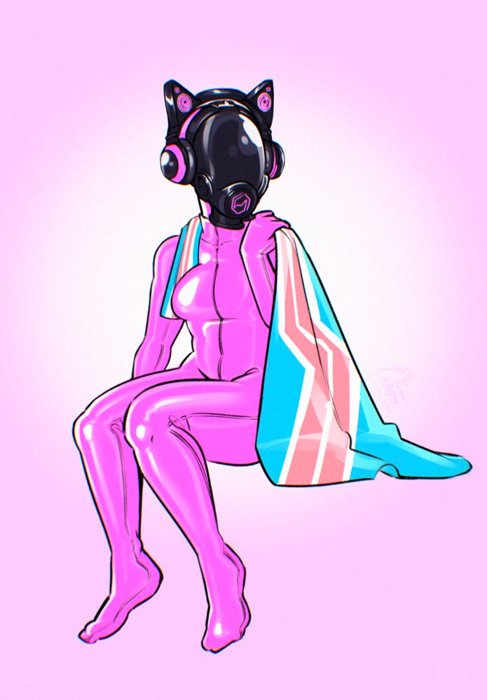 An illustration of a pink latex coated entity, sitting happily with a rubber pride flag with the trans colours draped over its shoulders. 