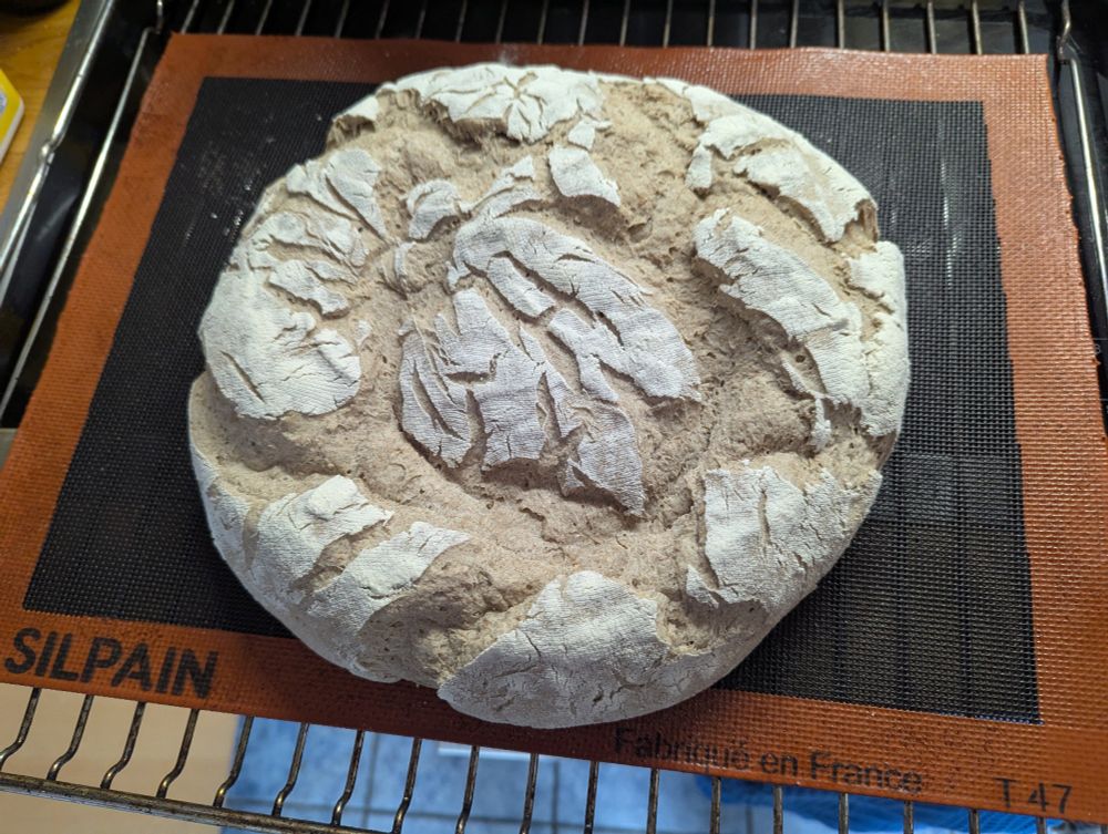 Ein ungebackene, zusammengefallener Brotlaib auf einer Backmatte und einem Backrost