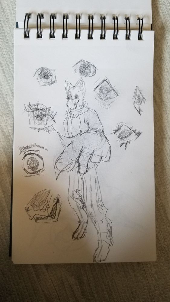Another perspective test sketch, an anthropomorphic dog wearing pants and a hoodie with their left arm outstretched, they are pointing at the viewer, there are random sketches and doodles of eyes and a snarled mouth around the rest of the page