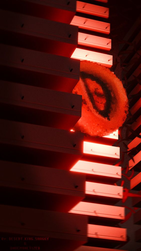 A floating 2d-pixel eye, peaking out from some buildings. That glows red lighting up the area.  