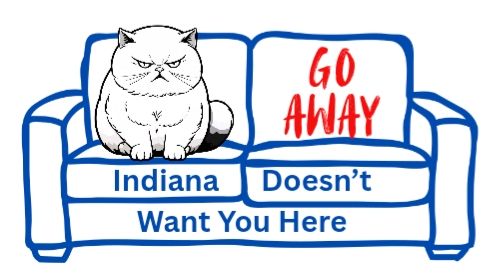 Drawing of a grumpy cat sitting on a blue couch with text saying go away, Indiana doesn't want you here. 
