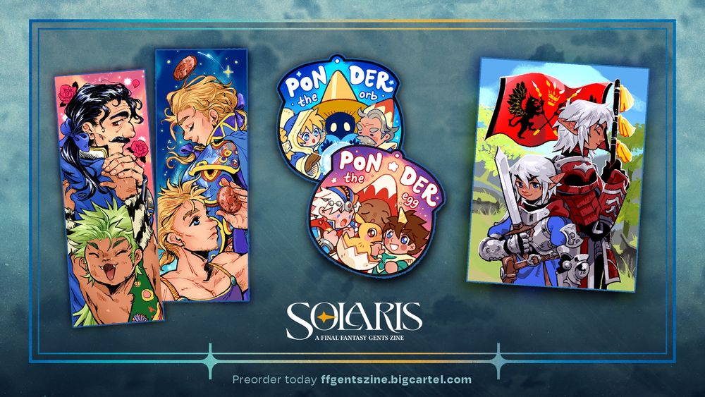 zine merch preview from left to right: double-sided bookmark, double-sided charm, and trading card illustration.