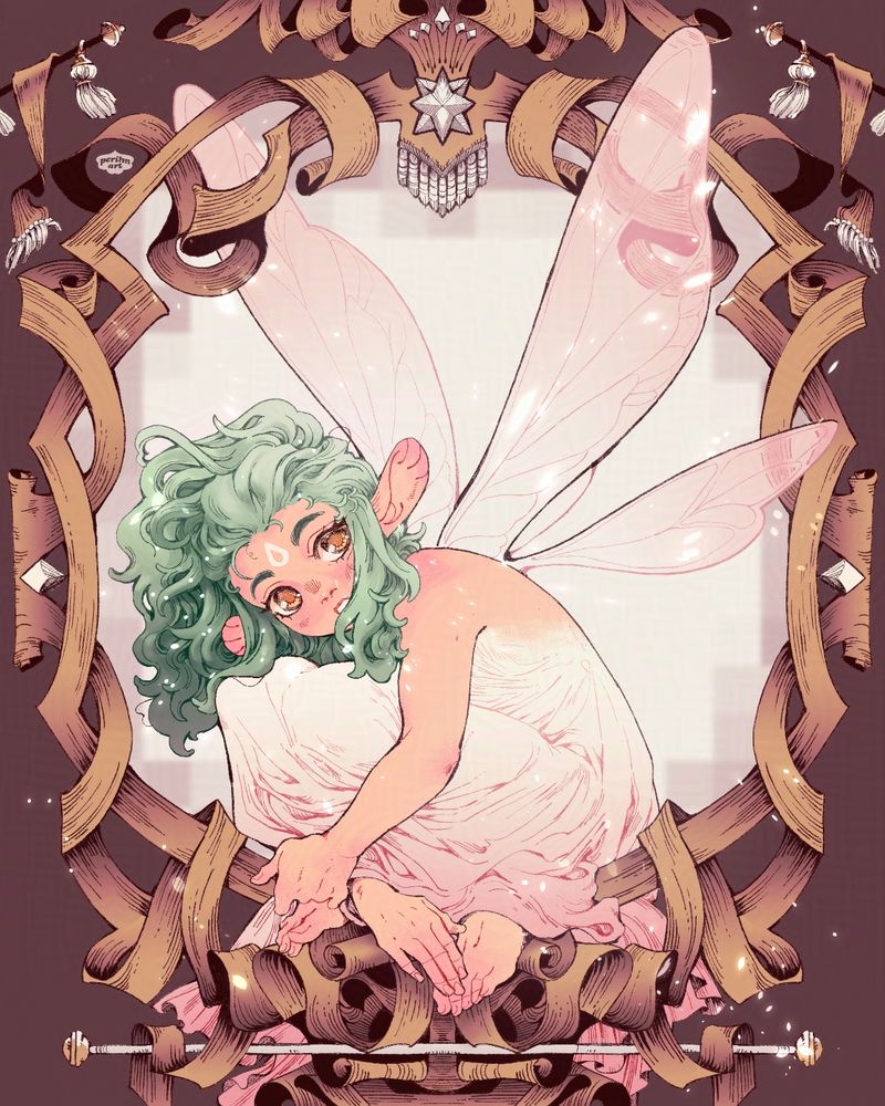 illustration of a fairy sitting in a ribbon frame. they look at the viewer with a curious expression, holding their knees to their chest and thick green hair hanging down in a ponytail to the left. their long wings spread out behind. this is a master study of witch hat atelier chapter 72 illustration.