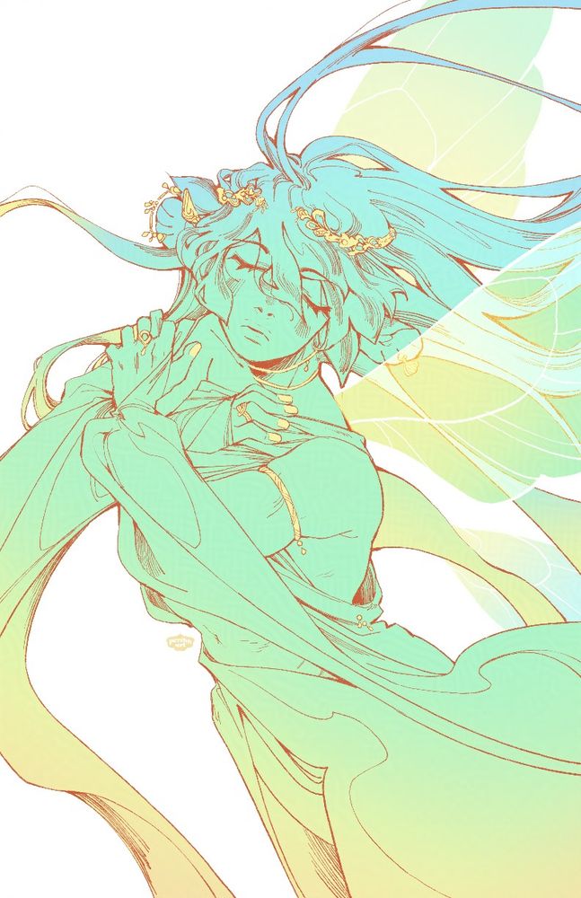 a large fairy with closed eyes holding themselves. they have a gold crown, gold nails and gold jewelry, and green and yellow gradient colors.