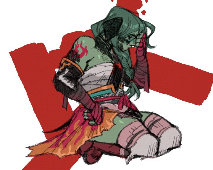 a green-skinned buff lizard with a dark green braid sitting pensively and holding her head with a fist. she is dressed as a monk from final fantasy xiv with reds, teals, browns and black details on her clothes.