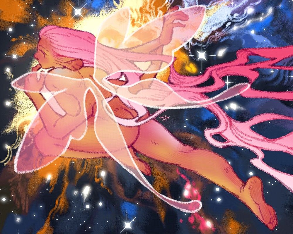 illustration of an orange skinned, long pink-haired fairy with large white transparent wings and 4 arms. they hold a hand to their mouth in curiosity while flying through space, painted in blues, oranges and yellows and dappled with stars. this was inspired by a photo taken by NASA of the constellation Aquila, which you can view here: https://www.instagram.com/p/DD7iTvxpXkN/?hl=en