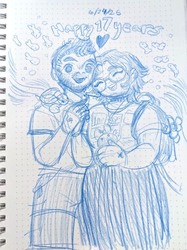 photo of a sketchbook drawing. a couple smiling and holding each other with fishes, a crab and a turtle plush. the text reads: 6/24/25 Happy 17 Years.