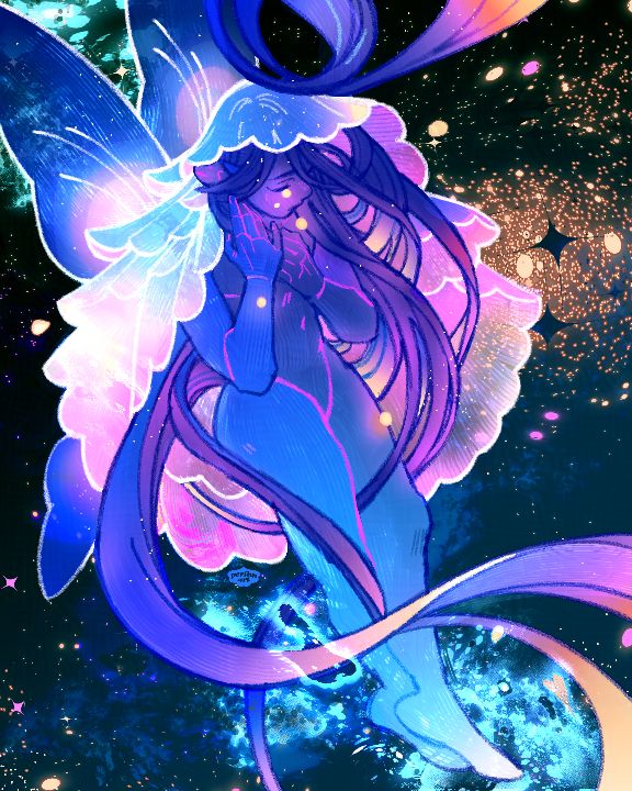 illustration of a space scene featuring a blue fairy with long purple hair, eyes closed and holding their hands to their face and chest. they are wearing a semi-transparent veil and deep blue semi-transparent wings.
