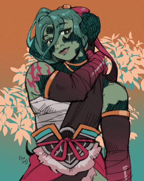 a green-skinned buff lizard woman with dark green scales. she smiles with brown colored lips and looks shyly away from the viewer. she is wearing black and red toned bandaged gloves and teal, gold, white and grey detailed monk-style clothing from final fantasy xiv.