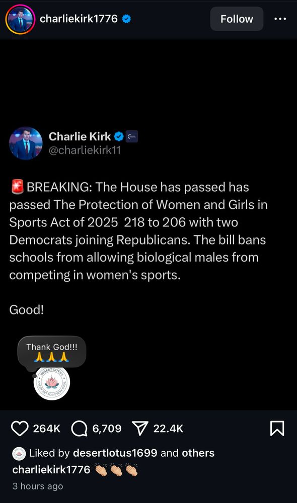 Screenshot of an Instagram post from Charlie Kirk praising the U.S. House for passing transphobic legislation related to women’s sports.