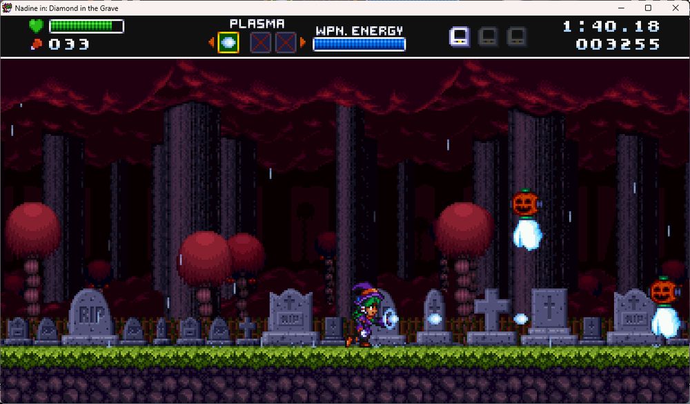 Snapshot of the first level set place in a huge graveyard in a red scary forest. The flat area here is where you'd encounter a bunch of pumpkin ghosts named "Bobi Head". Nadine is seen shooting while running towards them.