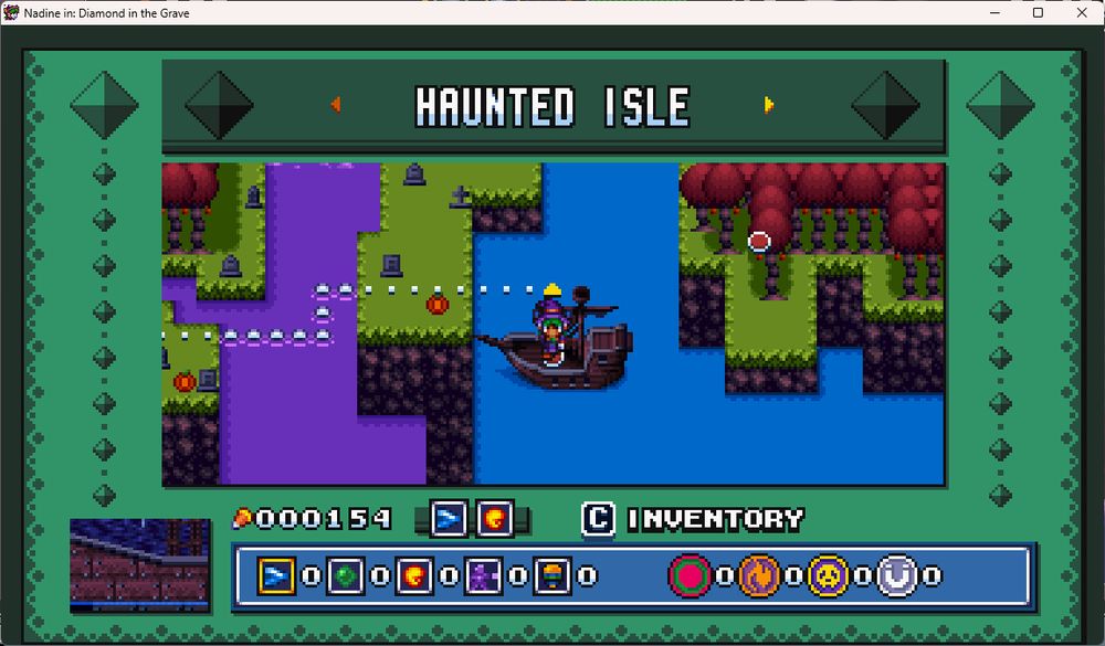World Map of Haunted Isle. Nadine has landed on a pirate ship. The inventory is shown, showing off all the weapons and shields you can obtain in the game. The player currently has none obtained here.