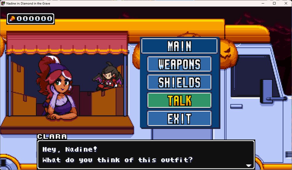 Shop screen with the Main Menu saying "Weapons", "Shields", "Talk" and "Exit". "Talk is highlighted." The shopkeeper, Clara, askes "Hey, Nadine! What do you think of this outfit?"