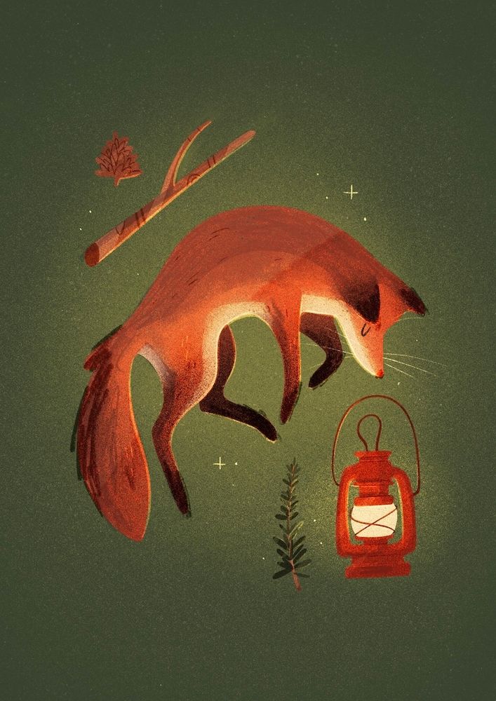 Illustration d'un renard endormi sur un fond vert illuminé par une petite lanterne rouge
