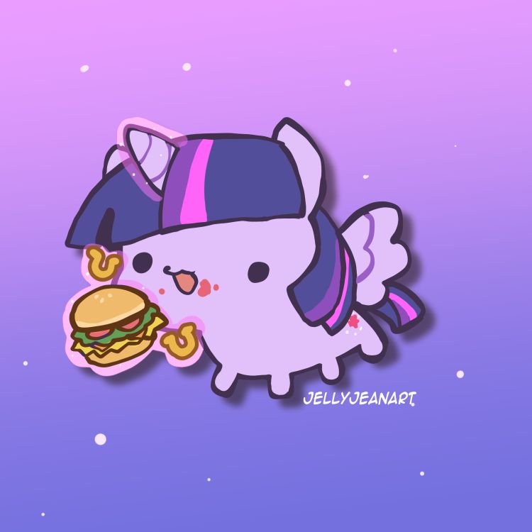 Silly chibi of Twilight Sparkle  eating a hay burger and horseshoe fries