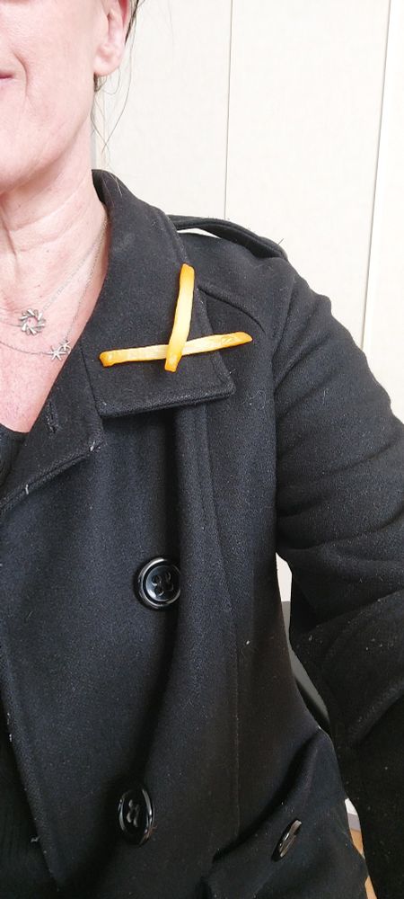 Mes 2 broches frites croisées sur le col de la vieille vareuse noire. 