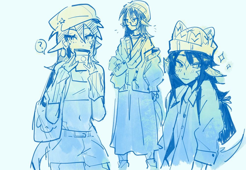 3 doodles of my xiv raen oc koharu, in various cute outfits! overlaid with a yellow to blue gradient.