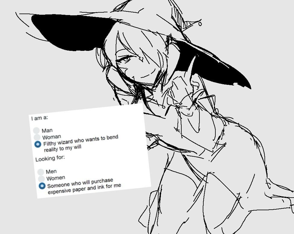 my raen verona with a meme that says "i am a: -filthy wizard who wants to bend reality to my will / looking for: someone who will purchase expensive paper and ink for me"